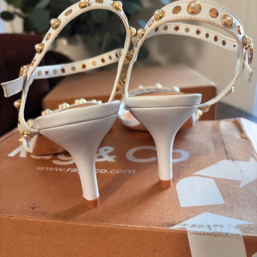 Rag & Co ~ White Genuine Leather Studded Ankle-Strap Heels - Picture 2 of 5